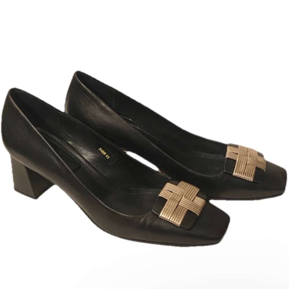 Napoleoni Black Leather Silver Buckle Block Heels Pump Shoes sz 41/10.5 Italy